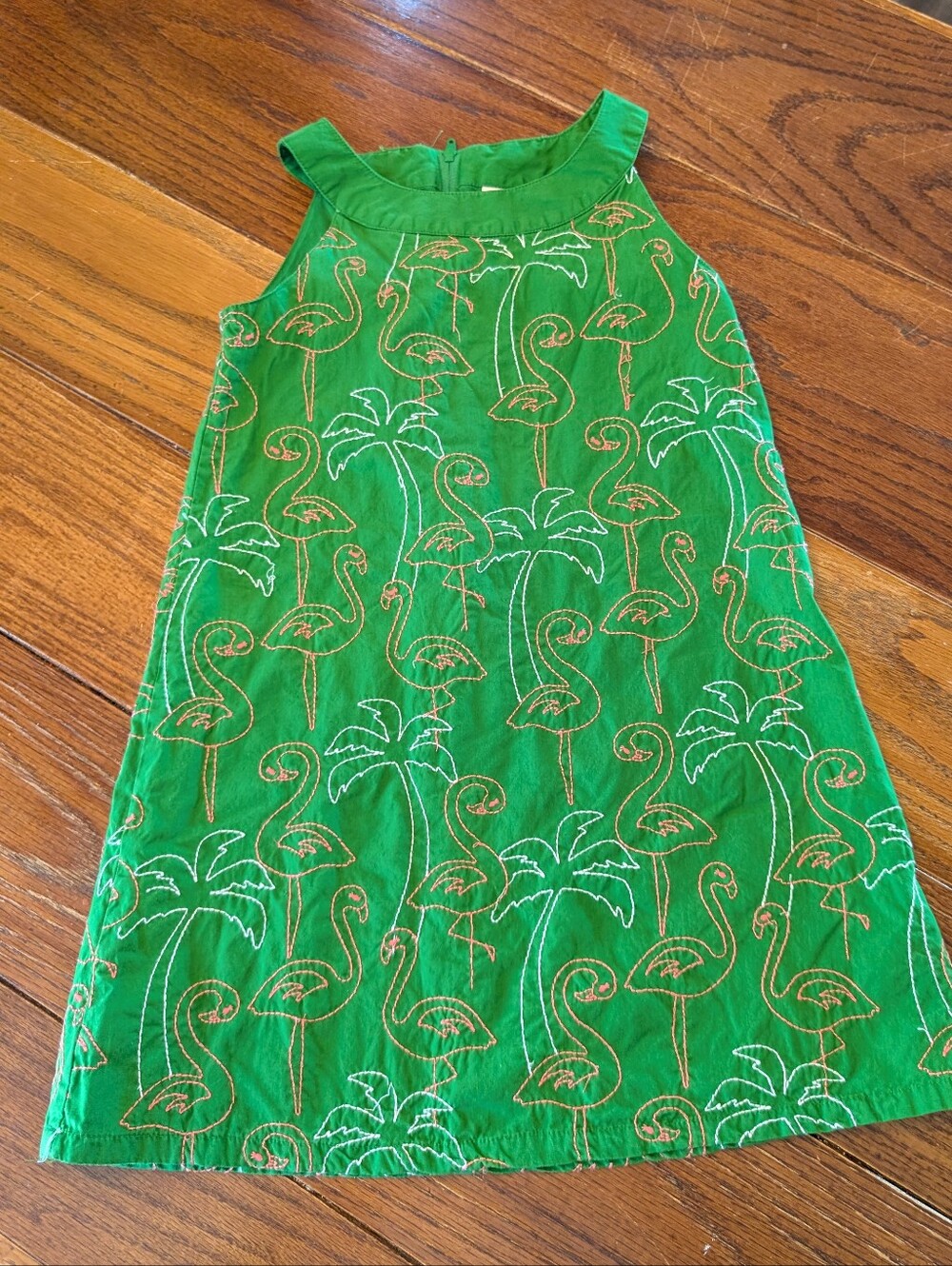 Gymboree Sleeveless Green Cotton Dress with Embroidered Palms & Flamingos Size 6